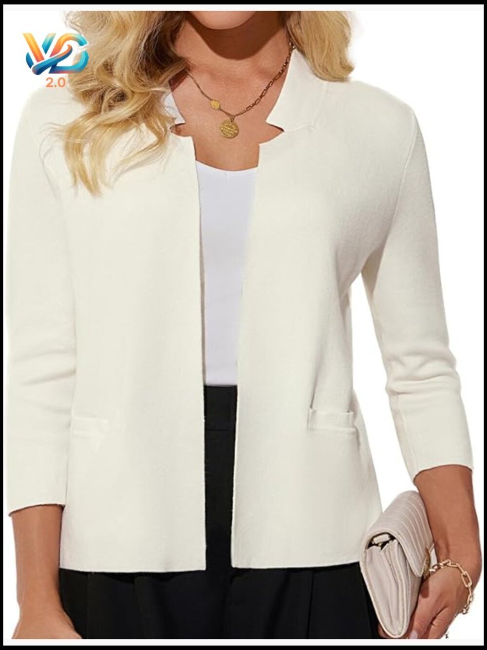 Lightweight Knit Blazer Cardigan 3/4 Sleeve Cropped Business Casual